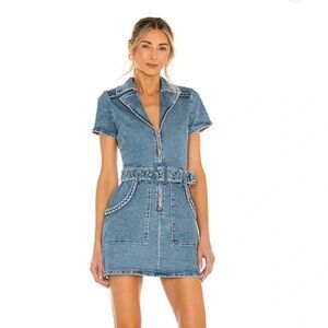 SHOW ME YOUR MUMU Outlaw Dress Womens Size L Blue Tide Denim Mini Belted Zip
